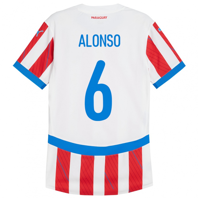 Kandiny Kinder Paraguay Júnior Alonso #6 Weiß Rot Heimtrikot Trikot 24-26 T-Shirt