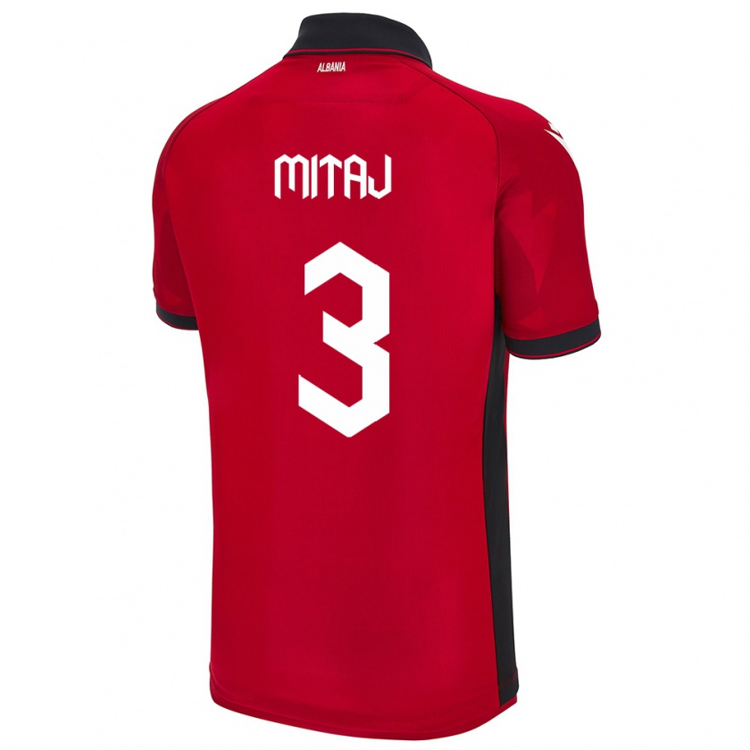 Kandiny Herren Albanien Mario Mitaj #3 Rot Heimtrikot Trikot 24-26 T-Shirt