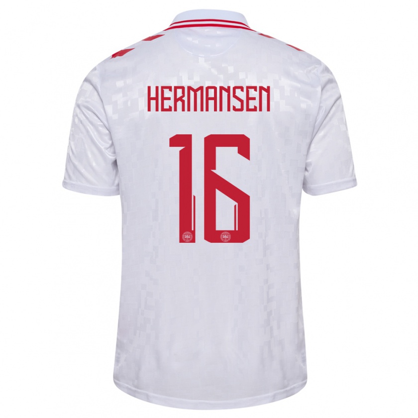 Kandiny Herren Dänemark Mads Hermansen #16 Weiß Auswärtstrikot Trikot 24-26 T-Shirt