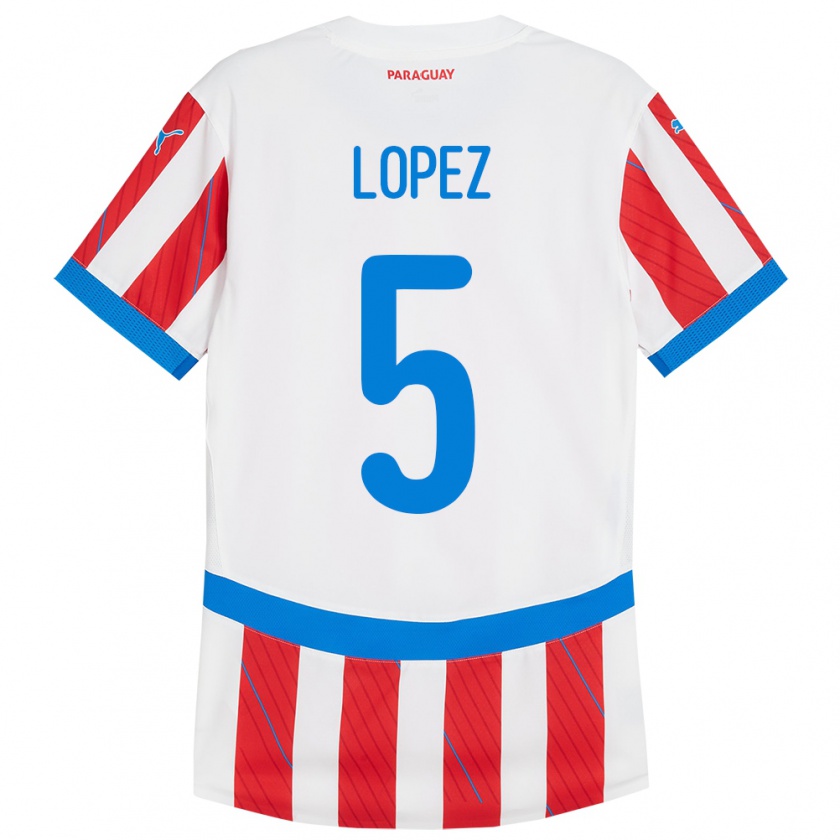 Kandiny Damen Paraguay Óscar López #5 Weiß Rot Heimtrikot Trikot 24-26 T-Shirt