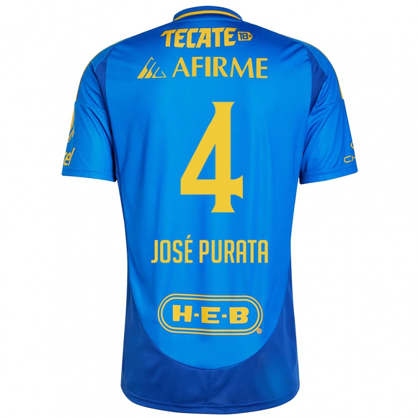 Kandiny Kinder Juan José Purata #4 Blau Gelb Auswärtstrikot Trikot 2024/25 T-Shirt