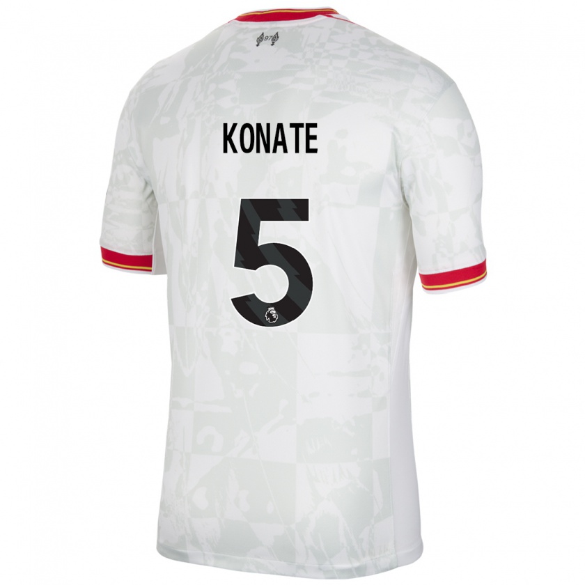 Kandiny Kinder Ibrahima Konaté #5 Weiß Rot Schwarz Ausweichtrikot Trikot 2024/25 T-Shirt