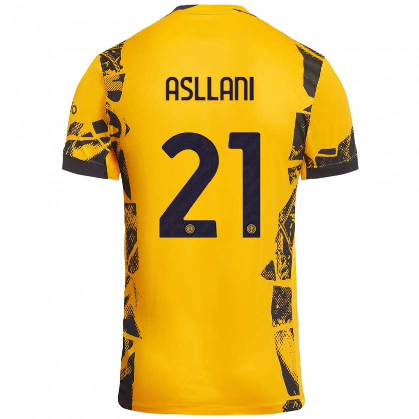 Kandiny Kinder Kristjan Asllani #21 Gold Schwarz Ausweichtrikot Trikot 2024/25 T-Shirt