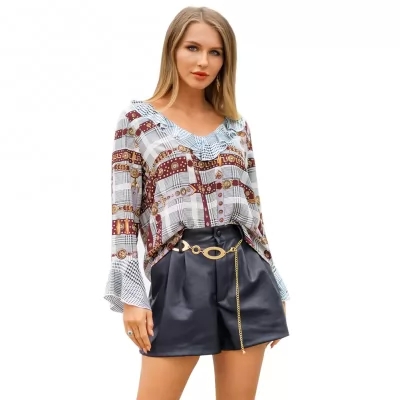 Kandiny - 2019 spring new V-shaped lotus leaf collar long-sleeved shirt