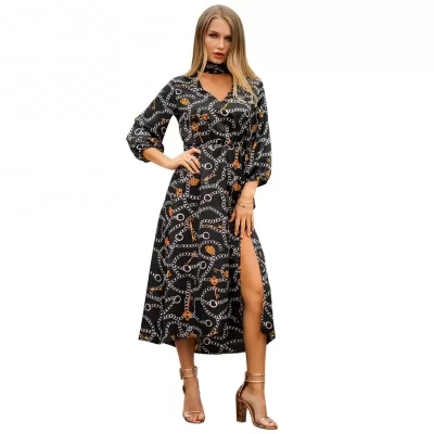 Kandiny - 2019 spring and summer new V-neck split black dress