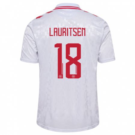 Kandiny Herren Dänemark Tobias Lauritsen #18 Weiß Auswärtstrikot Trikot 24-26 T-Shirt