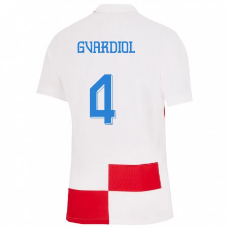 Kandiny Damen Kroatien Josko Gvardiol #4 Weiß Rot Heimtrikot Trikot 24-26 T-Shirt