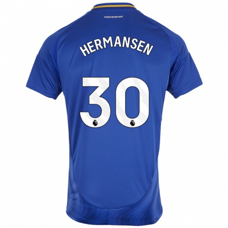 Kandiny Kinder Mads Hermansen #30 Blau Weiß Heimtrikot Trikot 2024/25 T-Shirt