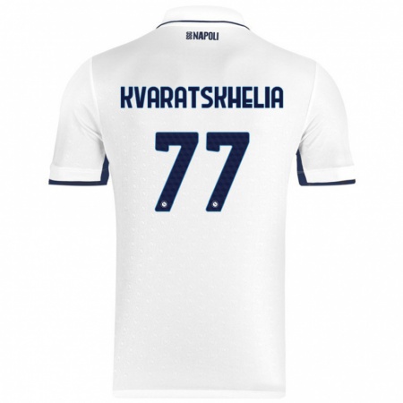 Kandiny Kinder Khvicha Kvaratskhelia #77 Weiß Königsblau Auswärtstrikot Trikot 2024/25 T-Shirt